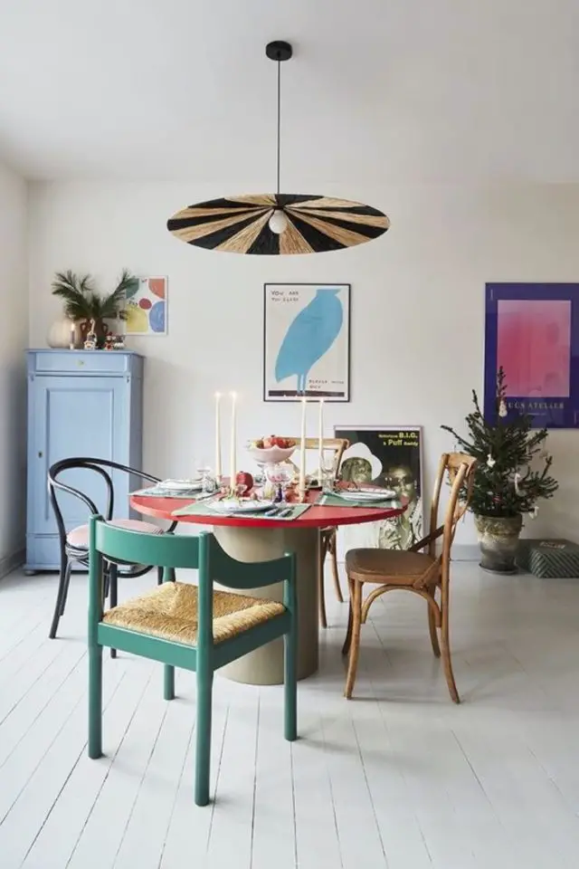 conseils redecorer salle a manger table ronde vintage années 70 80 plateau rouge chaises dépareillées luminaire rétro
