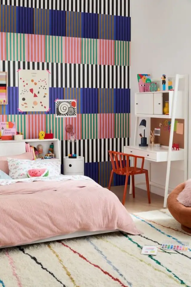 deco moderne chambre enfant couleur exemple fillette mur accent bleu rouge vert