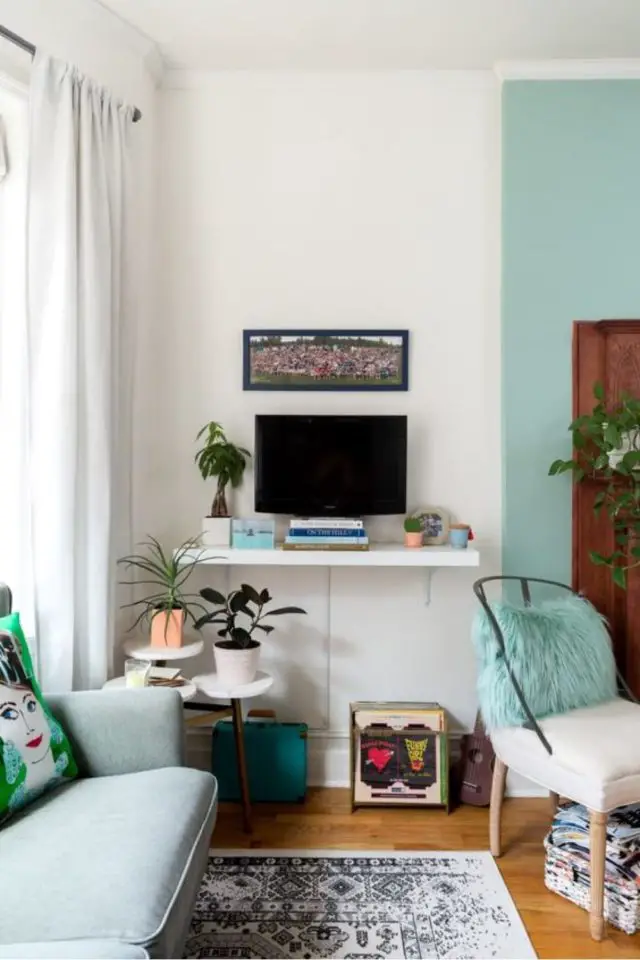 decor tout petit salon moderne inspiration canapé coloré étagère télévision
