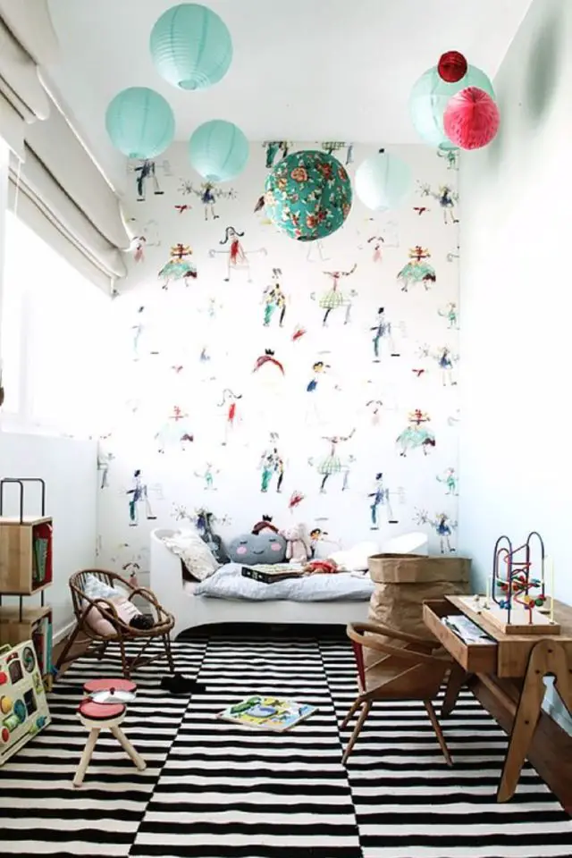 decoration murale chambre enfant inspirations deco papier peint fond blanc imprimé mur accent