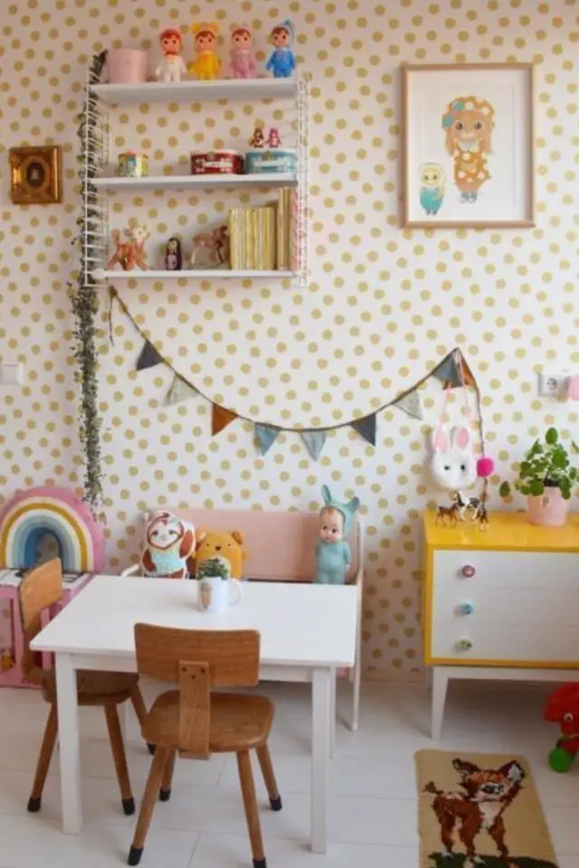 decoration salle de jeux enfant petite table blanche déco mur papier peint à pois chambre petite fille