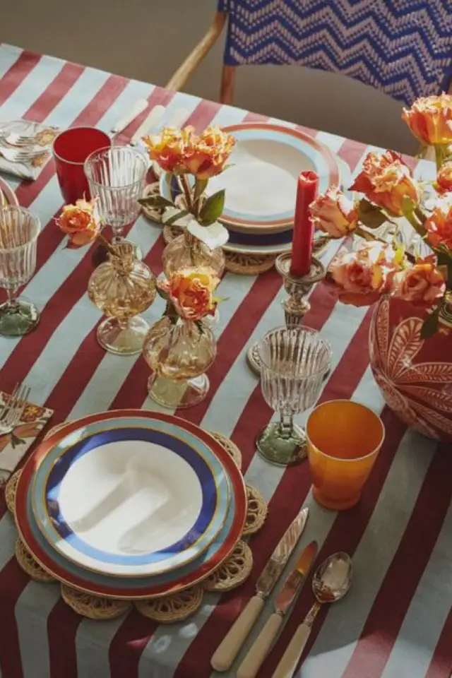 decoration table ete couleur nappe à rayures blanches et rouges bougies vaisselle blanche liseré coloré en bleu et rouge