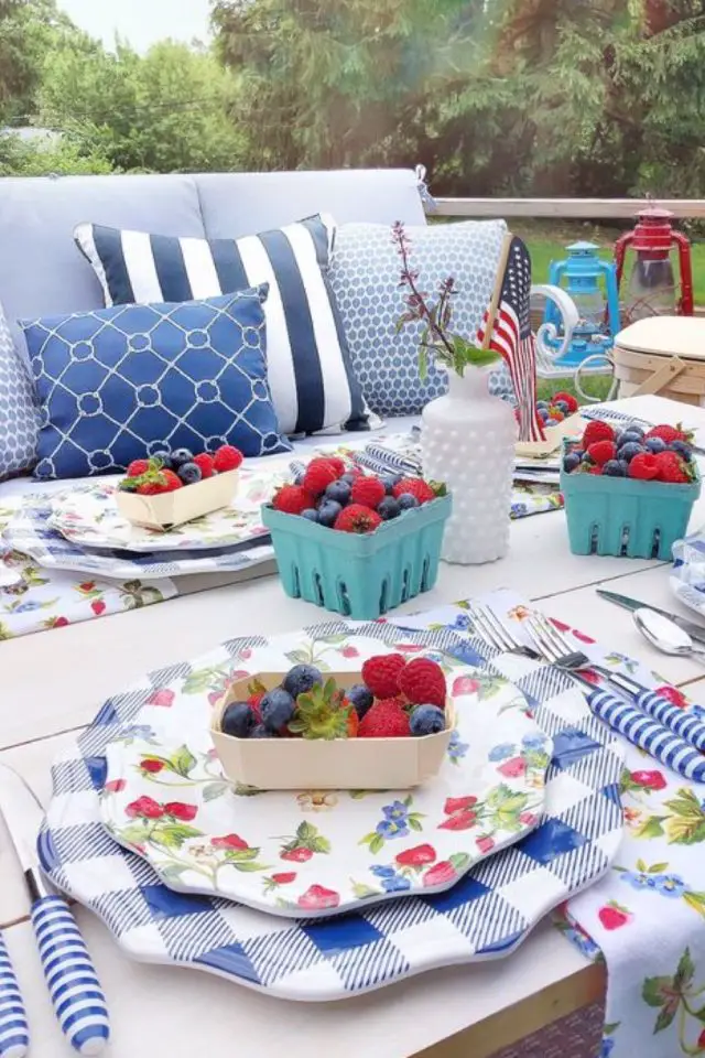 decoration table ete couleur bleu blanc rouge motif fraise assiette