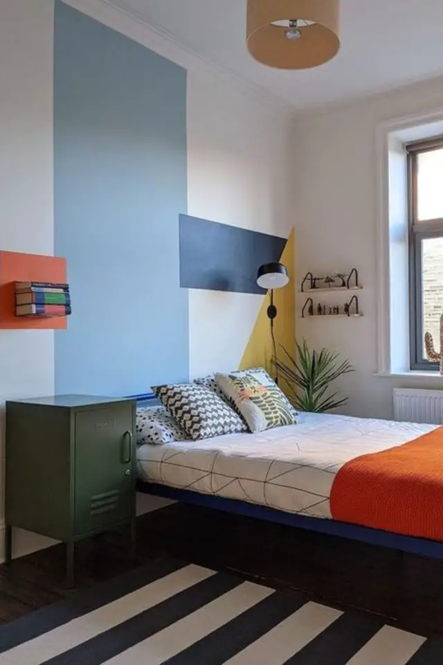exemple decor chambre petit garcon moderne peinture originale facile à faire bleu orange jaune