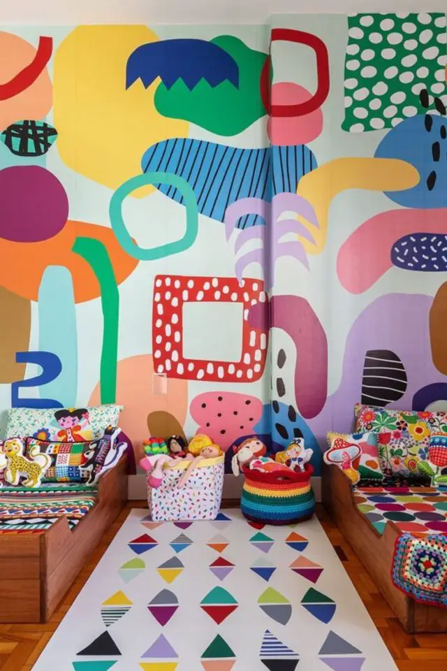 inspiration decor chambre enfant moderne fresque murale colorée ludique