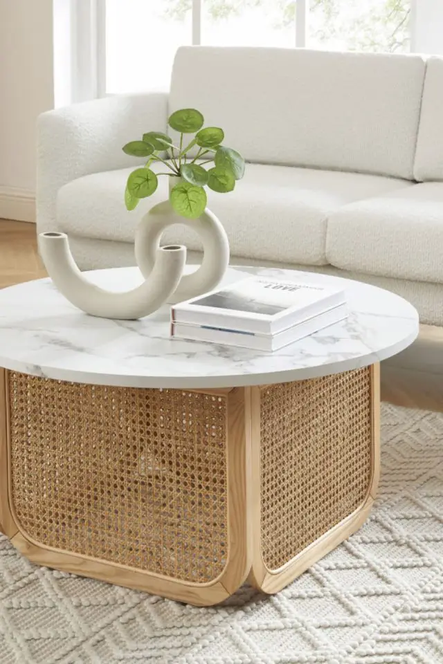 meuble luminiaire marbre elegant Table basse ronde effet marbre et cannage ø80cm