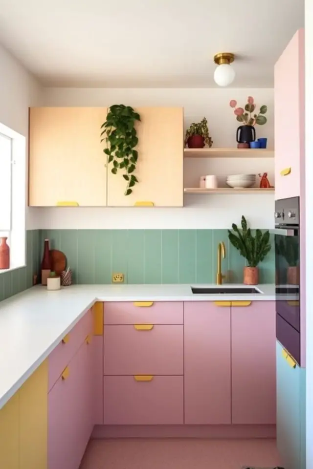 tendance couleur 2024 deco cuisine moderne pastel jaune vert crédence façade rose