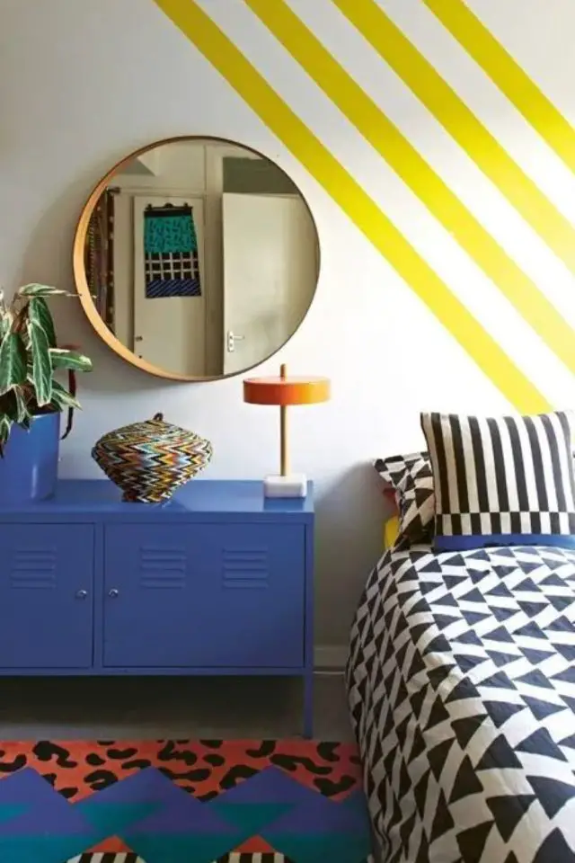 tendance couleur 2024 deco vintage années 80 meuble bleu électrique peinture murale jaune chambre