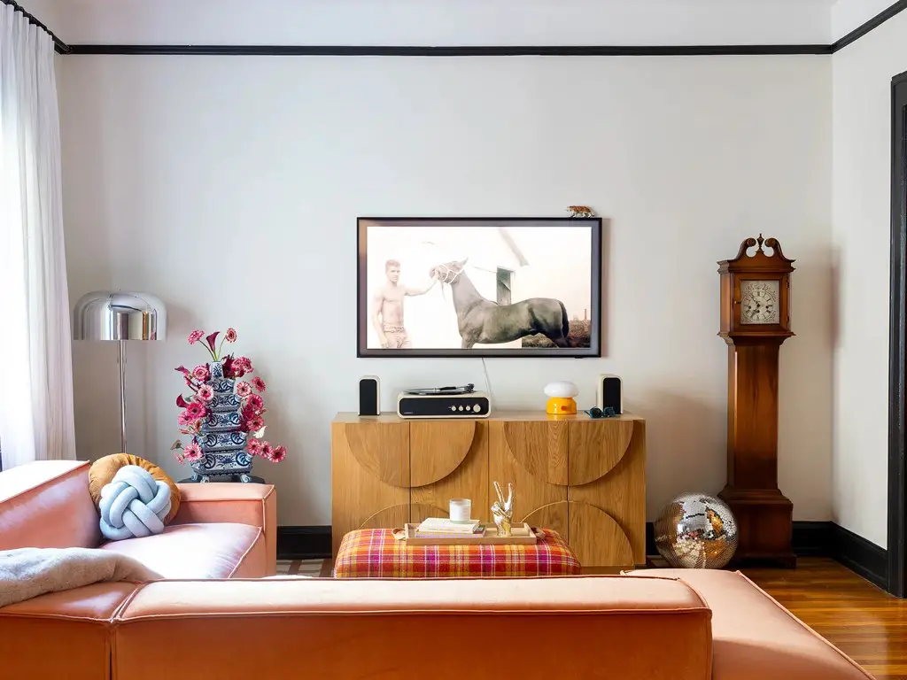 visite deco appartement colore motif eclectique salon canapé d'angle moderne rose meuble buffet vintage horloge récupéré lampe rétro