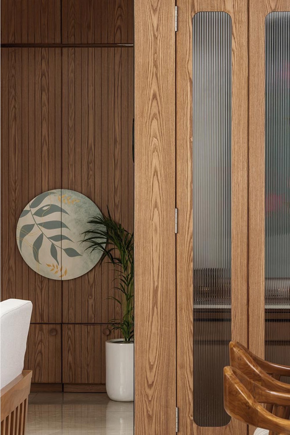 appartement lumineux moderne decor nature mobilier en bois revêtement mural tendance esprit tasseaux de bois