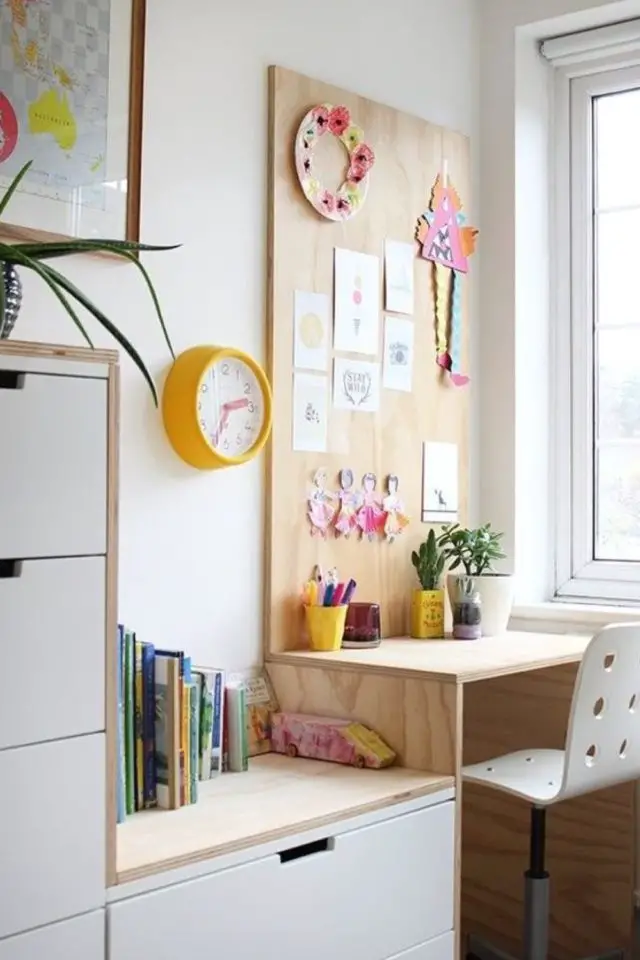 chambre enfant meuble bureau petit espace bois et blanc moderne
