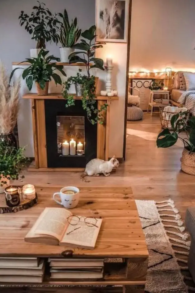 deco hygge caracteristiques parquet salon cheminée manteau en bois plantes vertes cosy