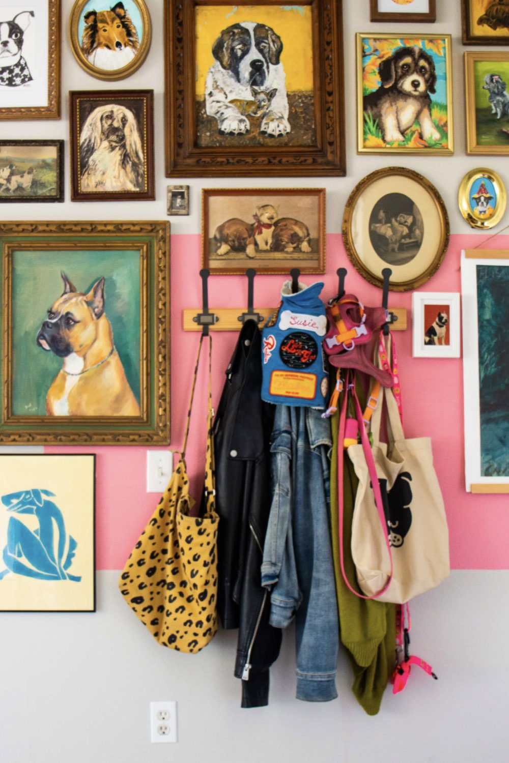 decoration interieur personnelle et coloree bande de peinture rose déco murale originale galerie portrait de chiens