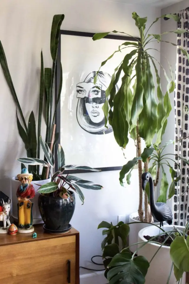 decoration interieur personnelle et coloree poster en noir et blanc surréaliste plantes d'intérieur angle du salon séjour