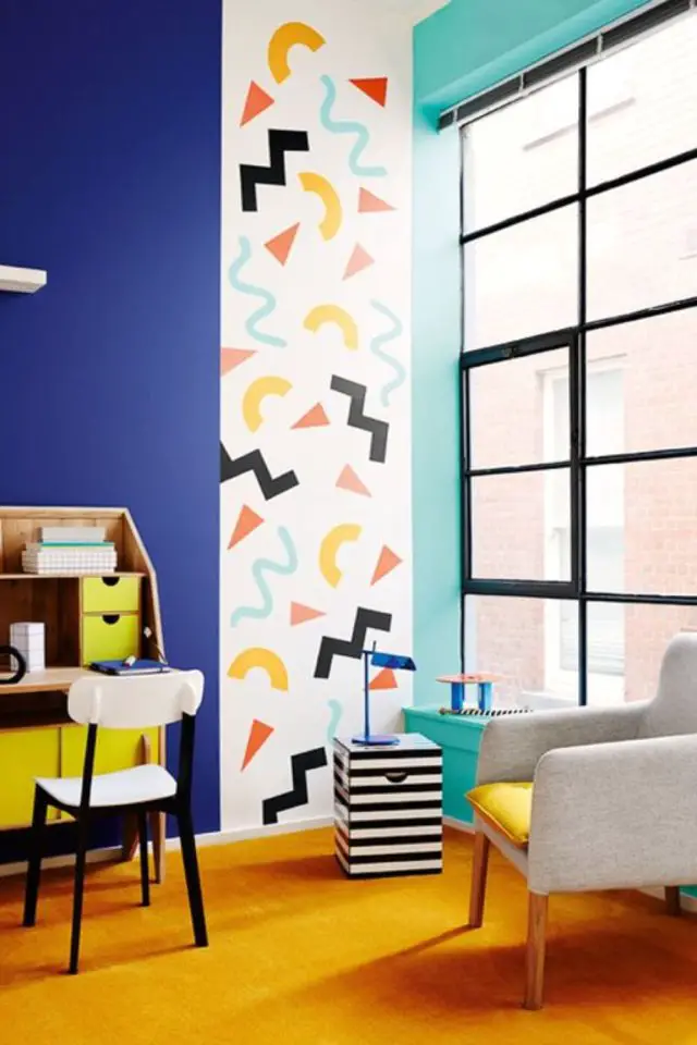 decoration style memphis exemple papier peint déco mur couleur motif bout de canapé design noir et blanc
