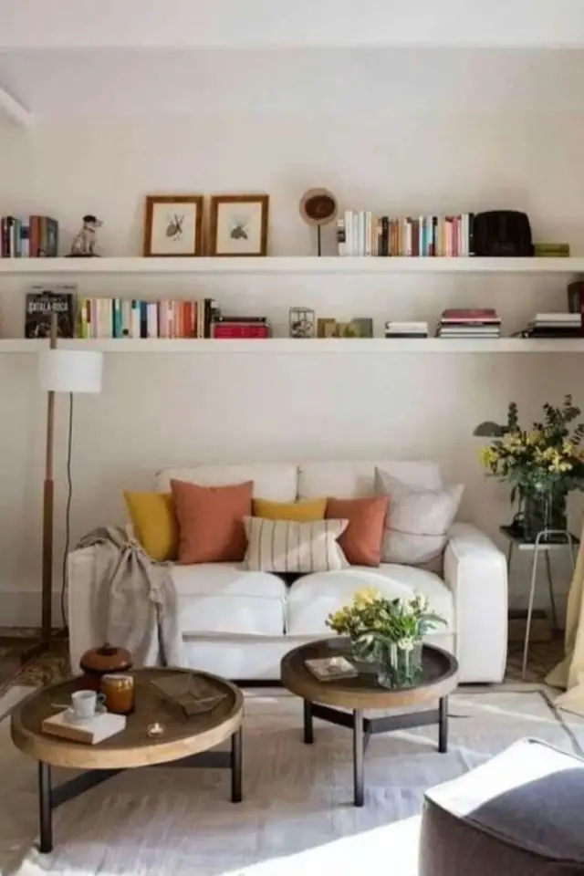 exemple amenagement petit salon canapé blanc étagère en haut du mur gain de place ambiance chic