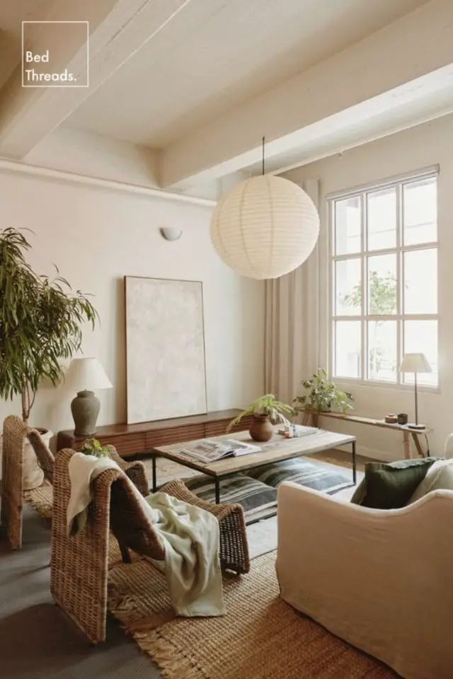luminaire salon lampe appoint exemple table basse en bois meuble TV choc moderne slow living