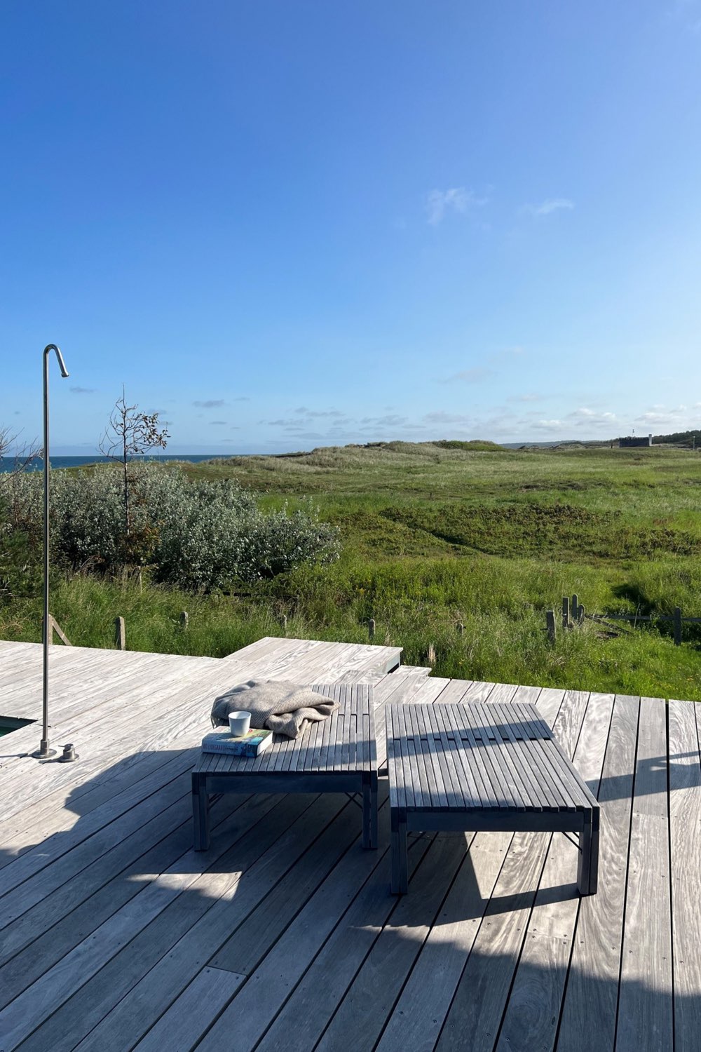 maison cotiere ultramoderne deco epuree terrasse en bois patinée vue sur les dunes et la végétations Danemark