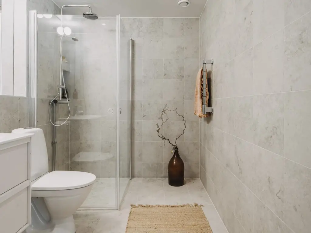 maison studio moderne haut plafond petite salle de bain avec douche italienne et toilette couleur neutre et lumineuse