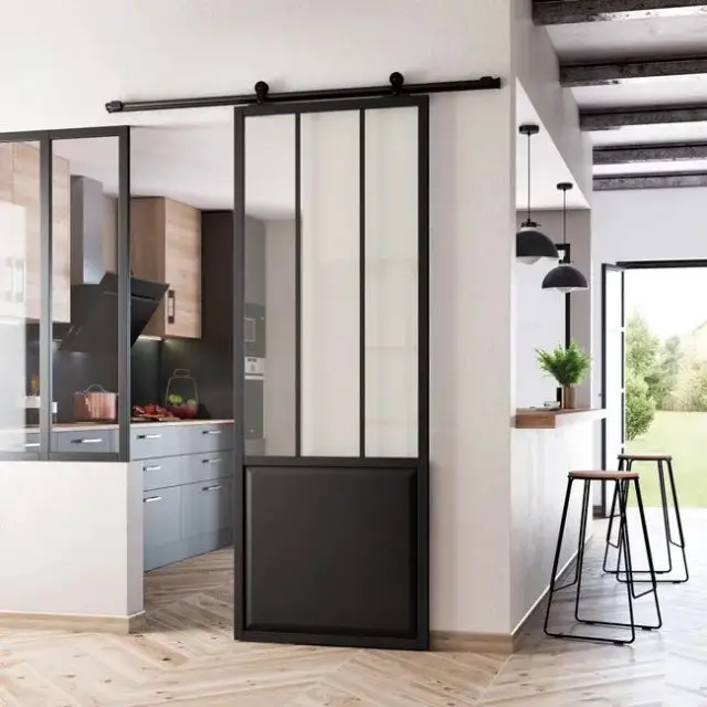 porte vitree moderne leroy merlin Porte coulissante Atelier XXL aluminium noir verre transparent