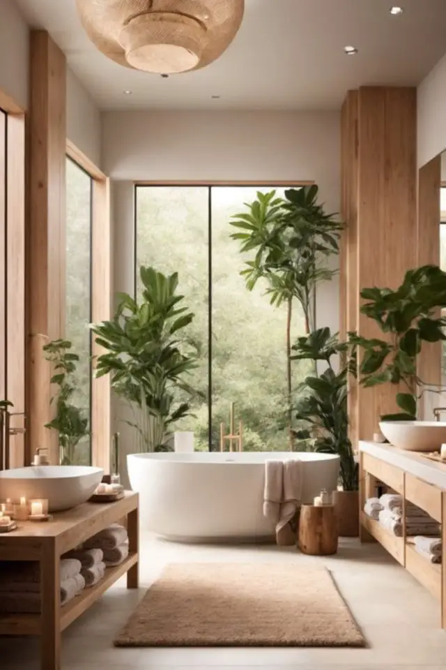 transformer salle de bain en spa bois baignoire îlot moderne plantes vertes cocooning