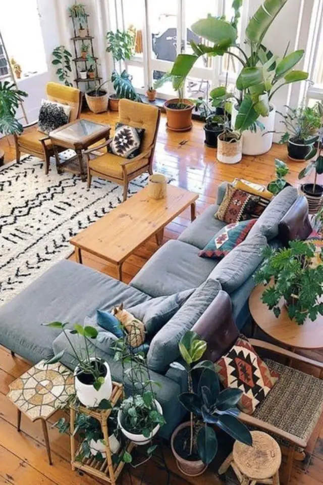 conseils choisir canape angle gris moderne simple tapis blanc et noir parquet plantes vertes