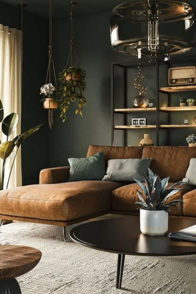 conseils choisir canape angle en cuir élégant ambiance feutrée chic mur vert kaki