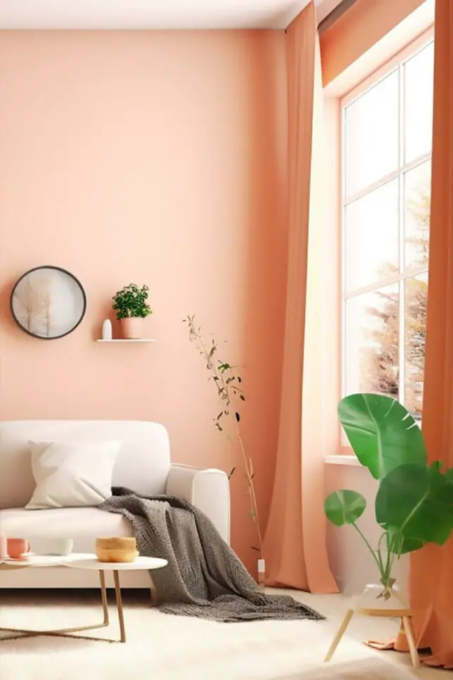 couleur peach fuzz decoration exemple salon lumineux canapé écru plantes vertes tables basses scandinaves