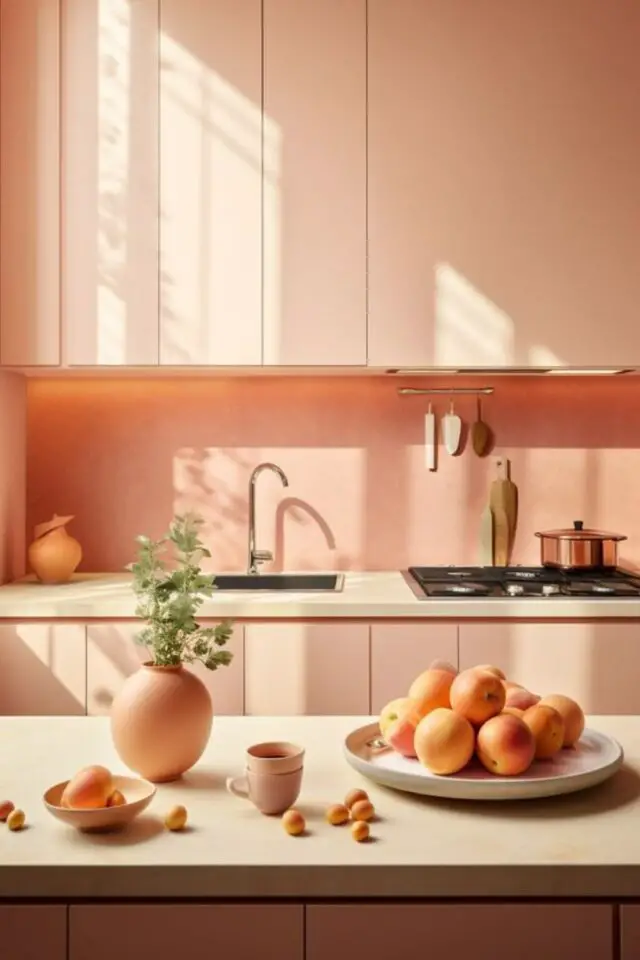 couleur peach fuzz decoration exemple cuisine moderne et épuré meuble mur lumineux plan de travail blanc