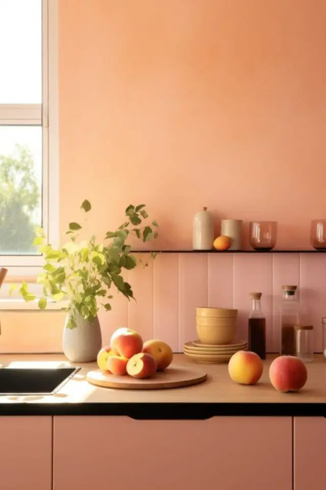 couleur peach fuzz decoration exemple cuisine ton sur ton mur et mobilier crédence carrelage rose pastel