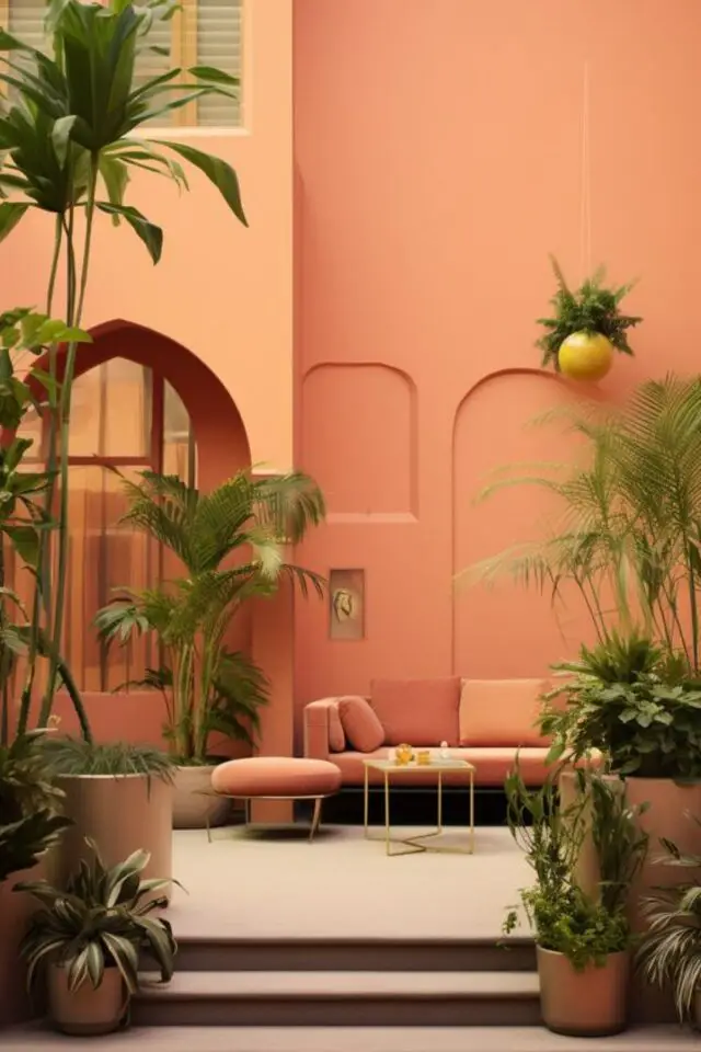 couleur peach fuzz decoration exemple esprit terracotta extérieur voyage vacances plantes vertes tropicale