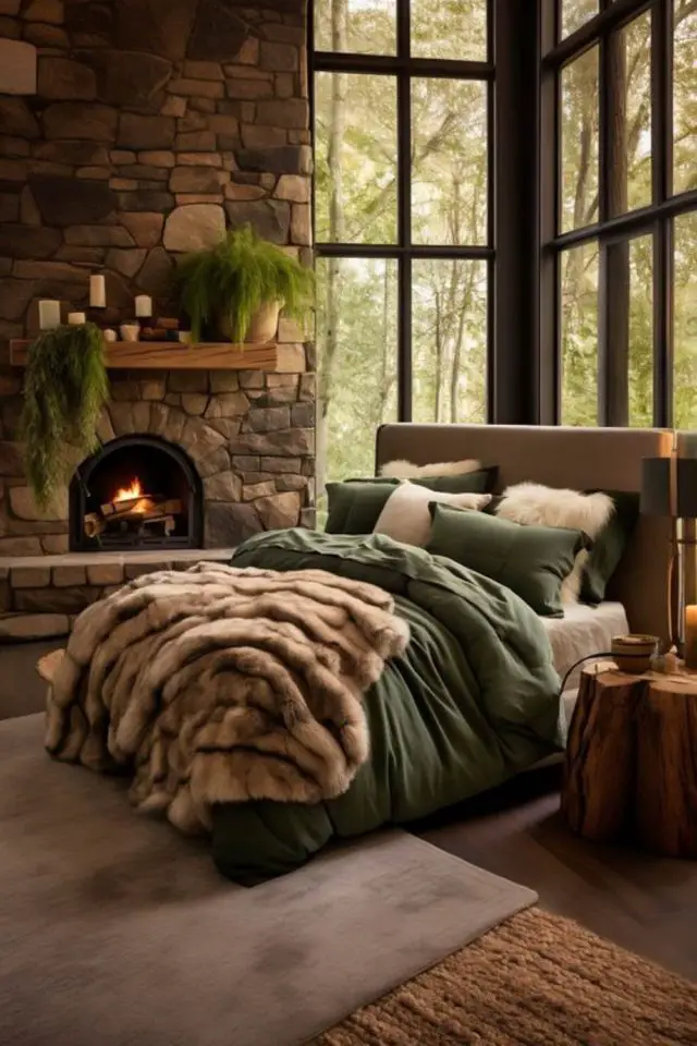 deco style chalet caracteristiques chambre à coucher adulte grandes baies vitrées cheminée en pierre rustique