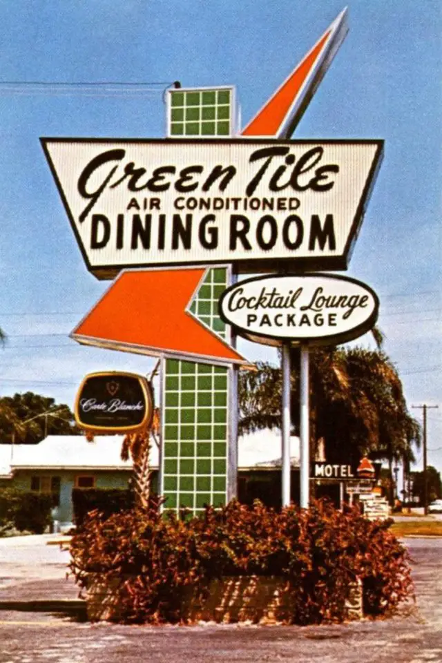 definition style googie vintage géométrique rétro années 50 couleur vert et orange enseigne commerciale