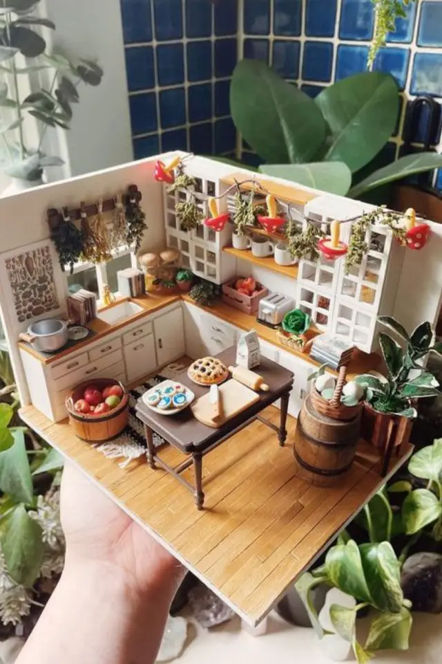 maison miniature loisirs creatifs adulte cuisine blanche table repas meuble construction modèle réduit