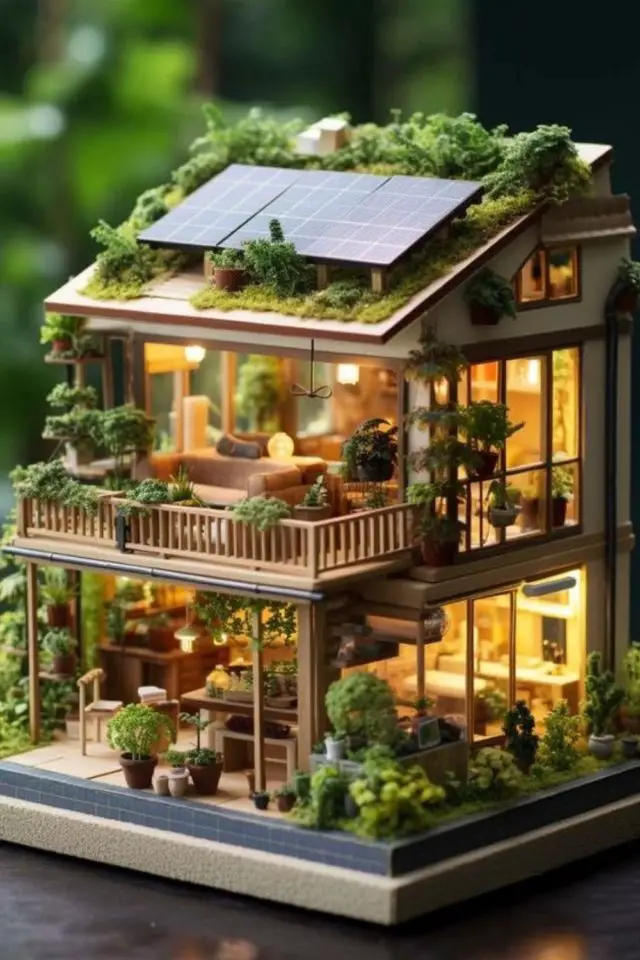maison miniature loisirs creatifs adulte 2 niveaux avec balcon terrasse éclairage arbustes