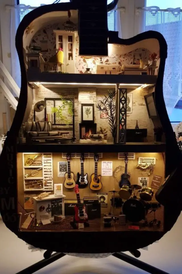 maison miniature loisirs creatifs adulte récup' originale guitare support pas commun