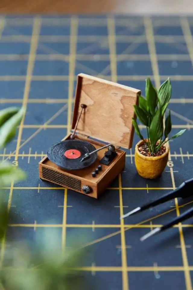 maison miniature loisirs creatifs adulte détails meuble accessoire plantes platine vinyle