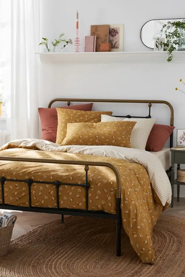 promo linge de lit 2024 Housse de couette coton lavé imprimé fond jaune ocre