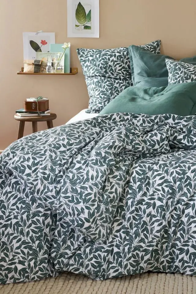 promo linge de lit 2024 Housse de couette coton lavé motif feuillage vert fond blanc