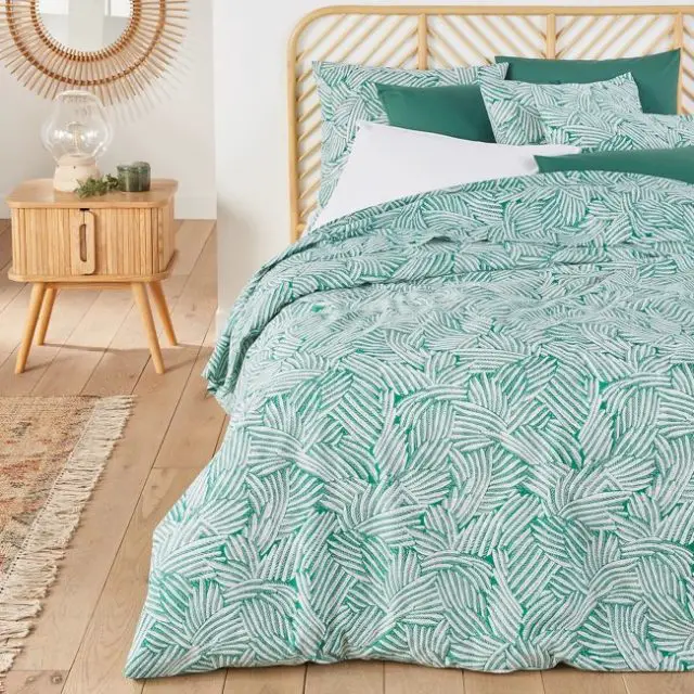 soldes hiver linge de lit adulte Housse de couette coton motif tropical vert et blanc