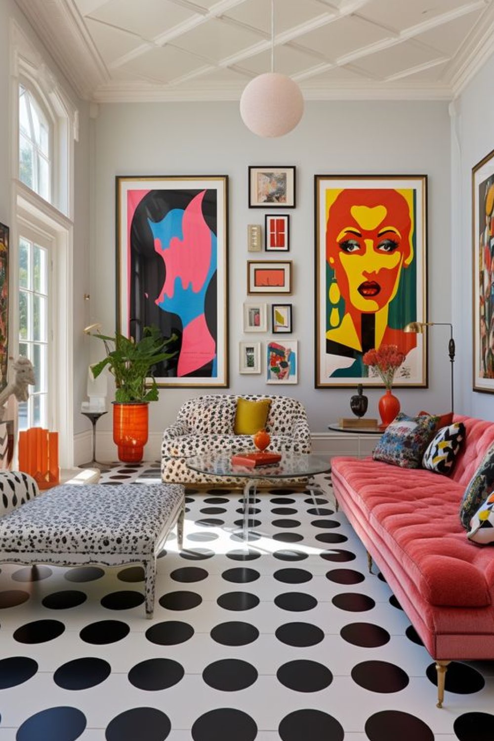 style eclectique ou decor vintage moderne salon séjour mélange de motifs tapis pois noir et blanc décor mural tableaux coloré canapé rose
