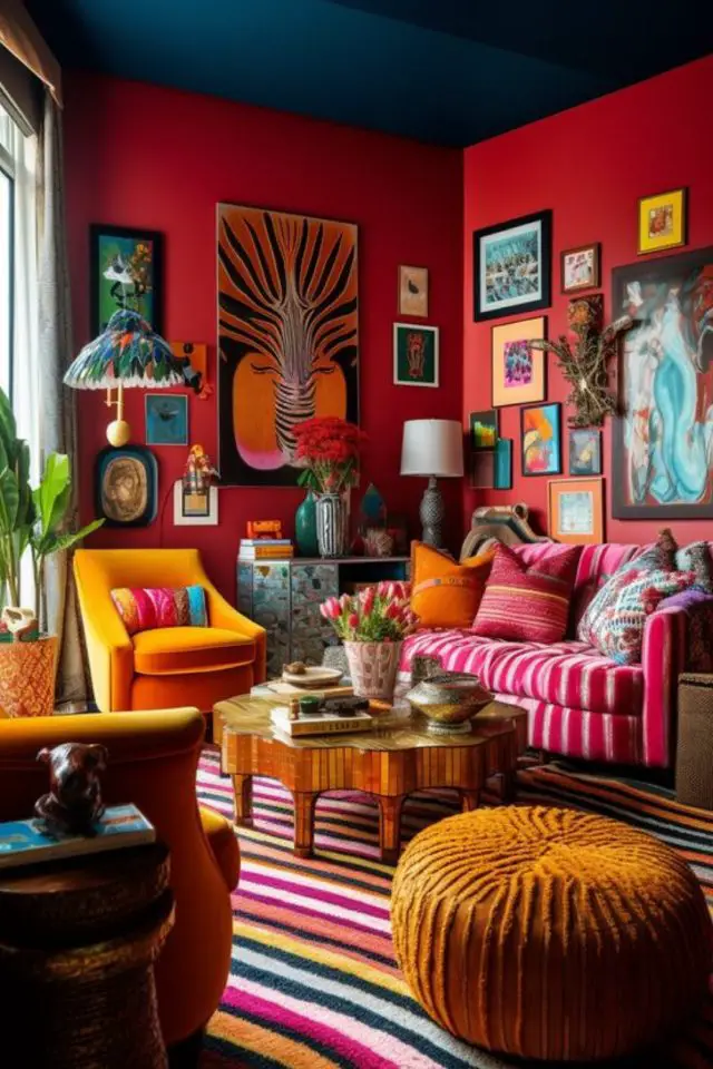 style eclectique ou decor vintage moderne salon hype coloré mur terracotta rouge tapis et canapé à rayure maximalisme mélange mix and match