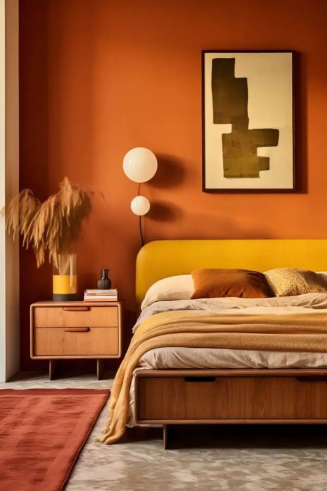 style eclectique ou decor vintage moderne chambre à coucher mid century modern mur terracotta tête de lit jaune ocre mobilier en bois