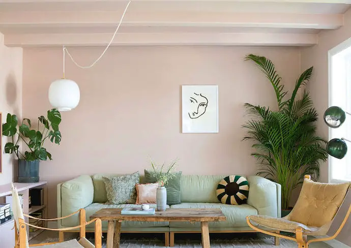 visite deco maison scandinave couleur pastel mur rose peinture canapé vert meuble en bois table basse plantes vertes