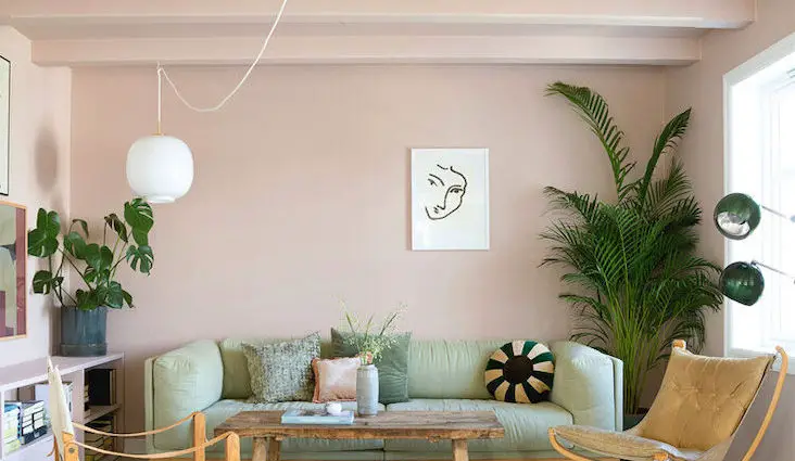 visite deco maison scandinave couleur pastel mur rose peinture canapé vert meuble en bois table basse plantes vertes