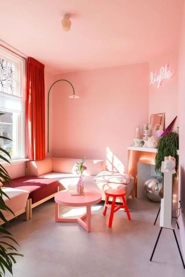 association couleur rose rouge decoration salon chaleureux et féminin moderne rideaux rouge peinture mur et plafond rose