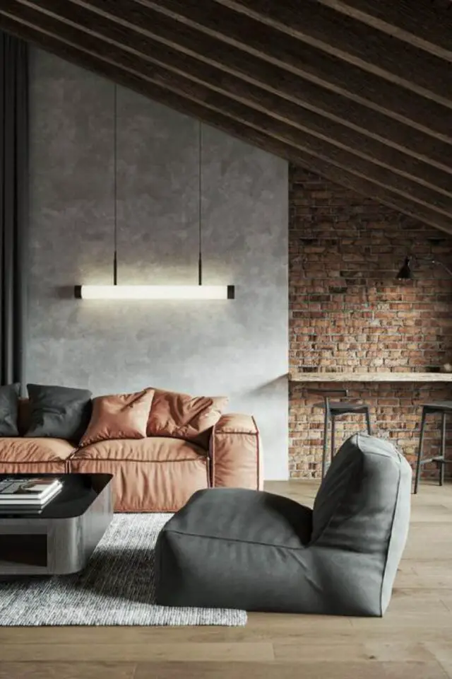 creer decoration industrielle exemple salon  moderne et authentique mur en brique meuble cosy cuir naturel et gris minimalisme sobre
