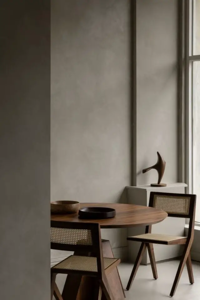 decoration masculine et slow living exemple palette de couleurs neutres matériaux élégants béton ciré table de salle à manger en bois sombre chaise en cannage vintage