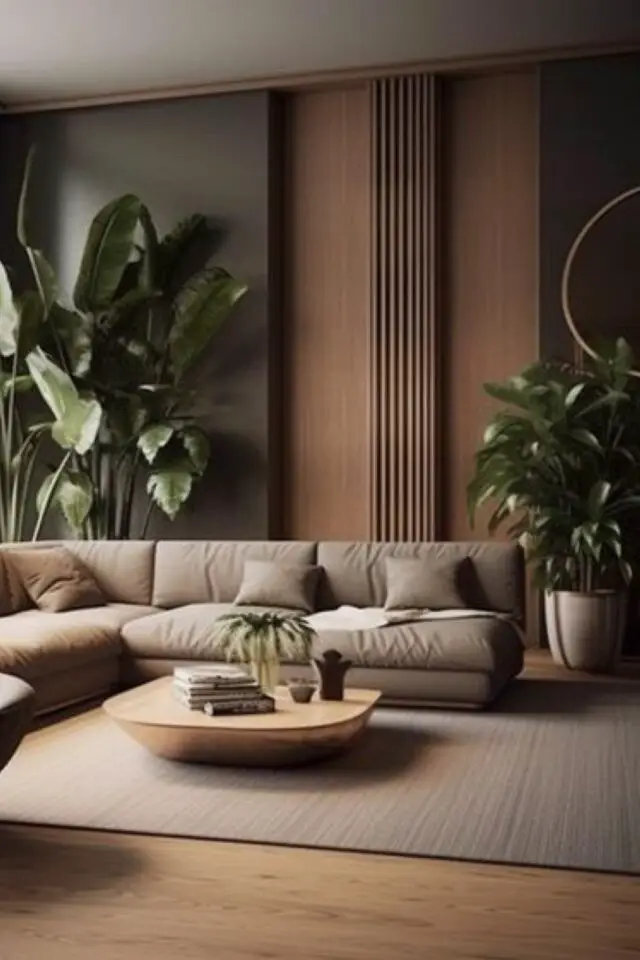decoration masculine et slow living exemple mur accent élégant noir et bois salon séjour canapé d'angle beige parquet bois tapis plantes vertes