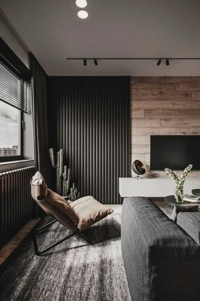 decoration masculine et slow living exemple mur accent moderne bardage bous tasseaux noir mélange original